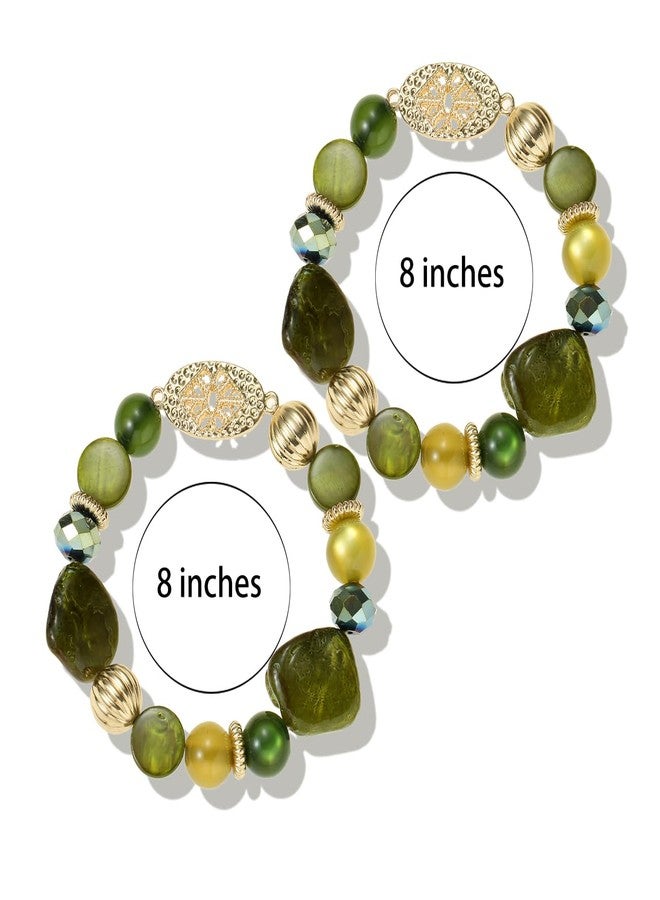 Xalroco Chunky Natural Shell Stone Beaded Stretch Bracelet Stack for Women, Classy Boho Jewelry Gift (olive green) - Image 4